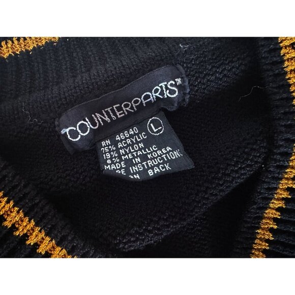 Vintage COUNTERPARTS Black Cable Knit Gold Trim V Neck Sweater 80s / 90s Size M - Picture 7 of 8